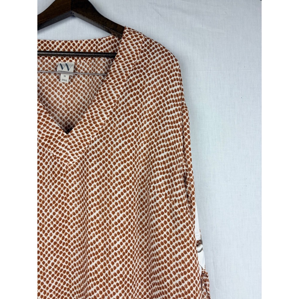 Worthington Womens Brown White Dot V-Neck Roll Tab Sleeve Blouse Top 1X - Picture 6 of 15